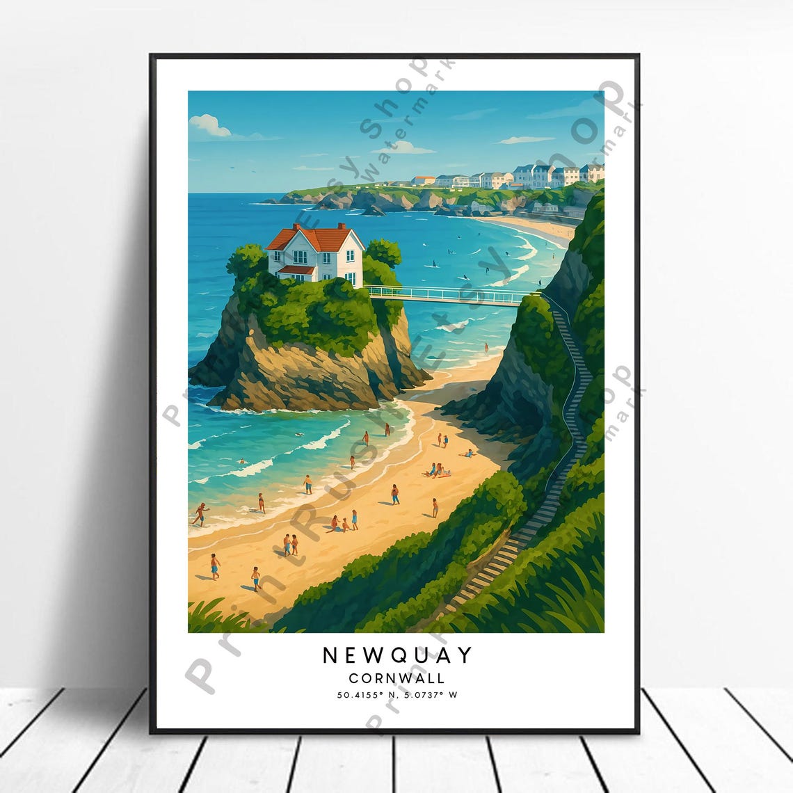 Newquay Cornwall Coastal Cliff Beach Summer Travel Art Poster