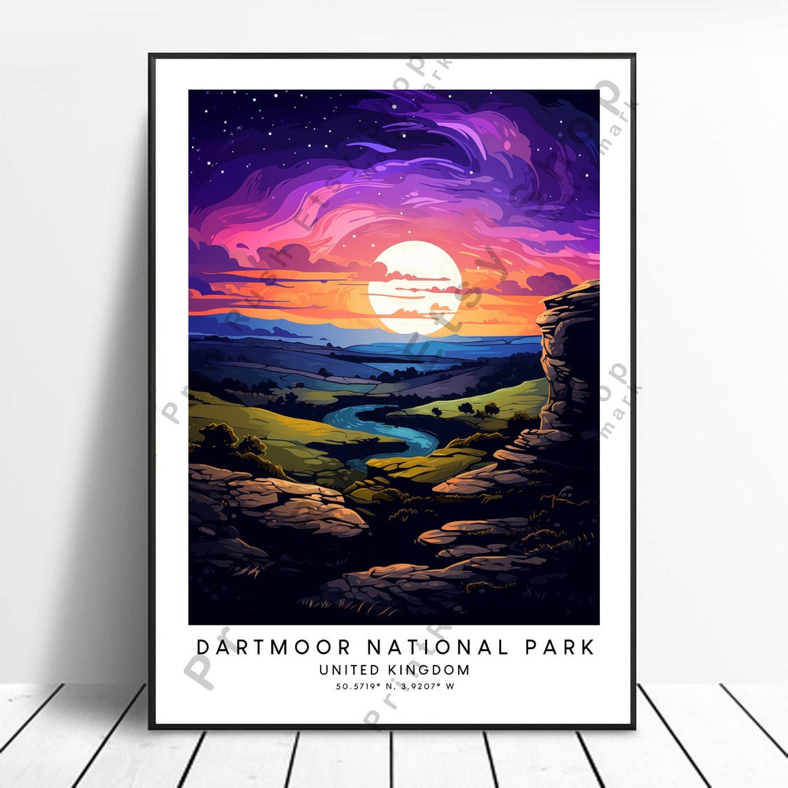 Dartmoor National Park Sunset Moon UK Landscape Travel Poster