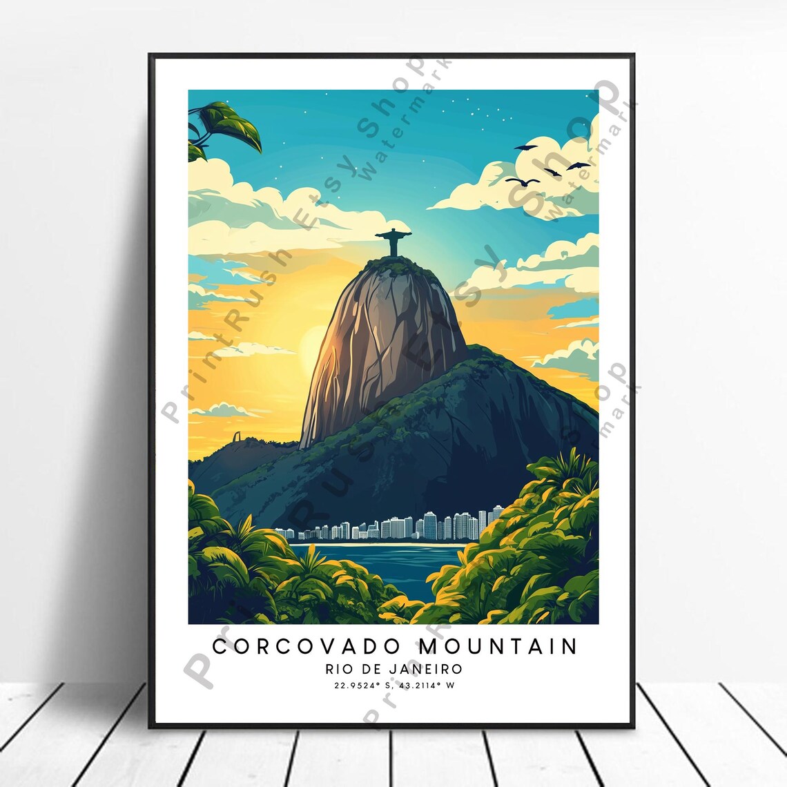 Rio de Janeiro Corcovado Mountain Christ Statue Sunset Skyline Travel Poster