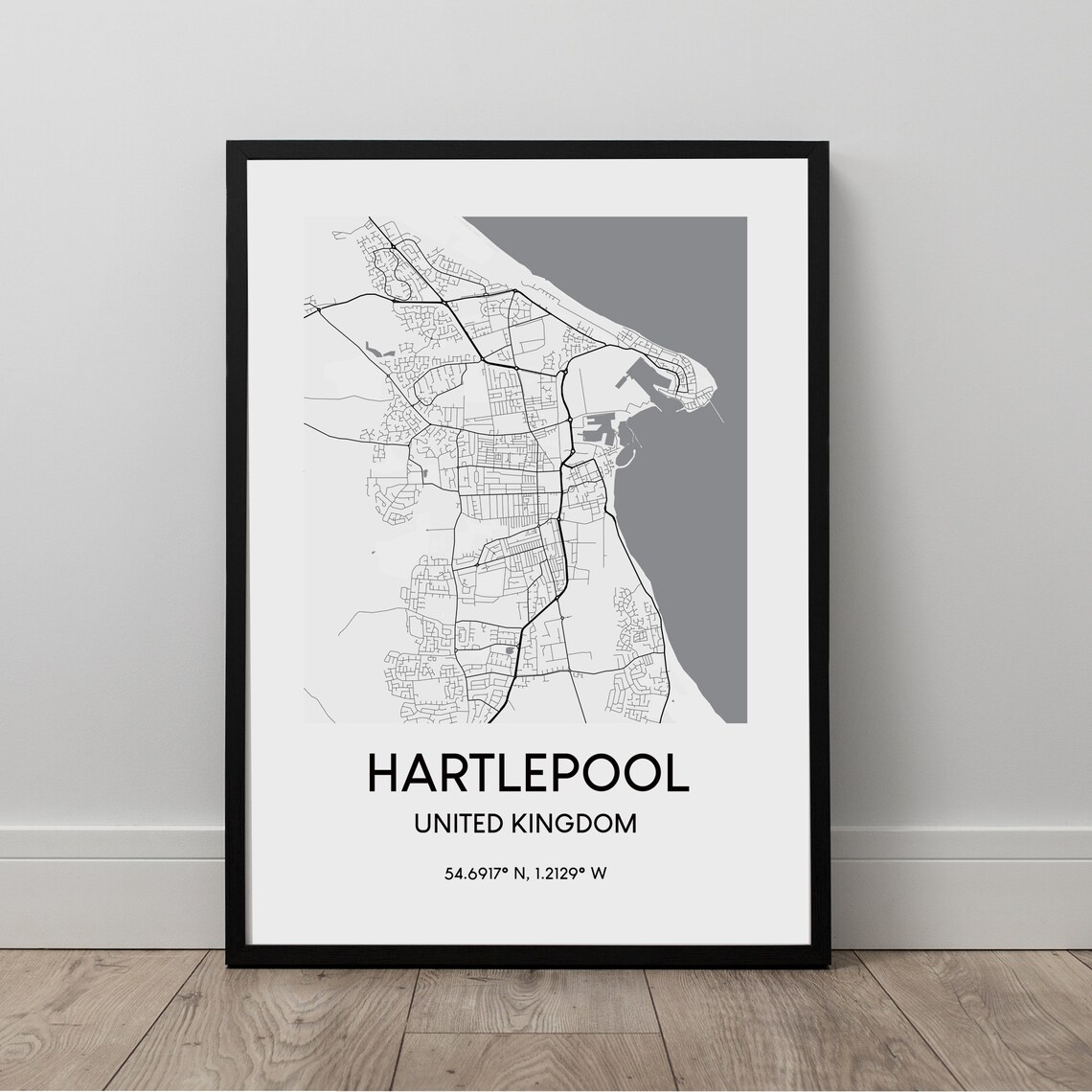 Hartlepool Map Print, Black And White Minimalist