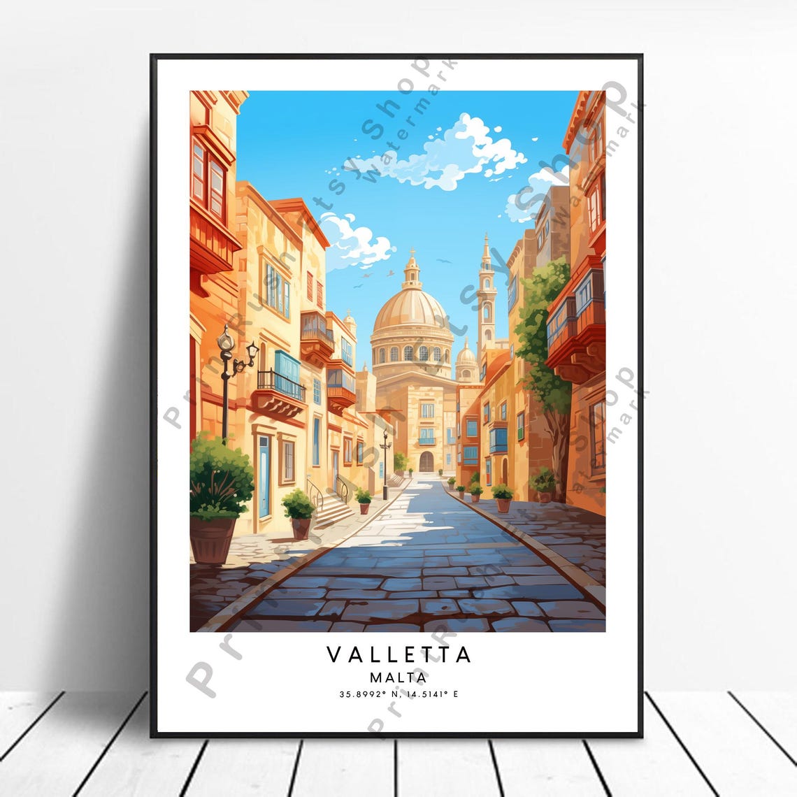 Valletta Malta Sunny Old Town Street Church Dome Travel Poster