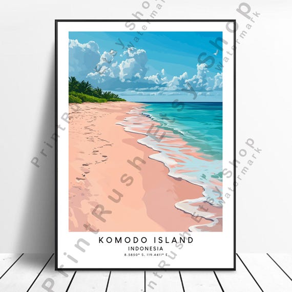 Indonesia Travel Poster Komodo Island Wall Art Print Illustration Dcor Colourful Pink Beach