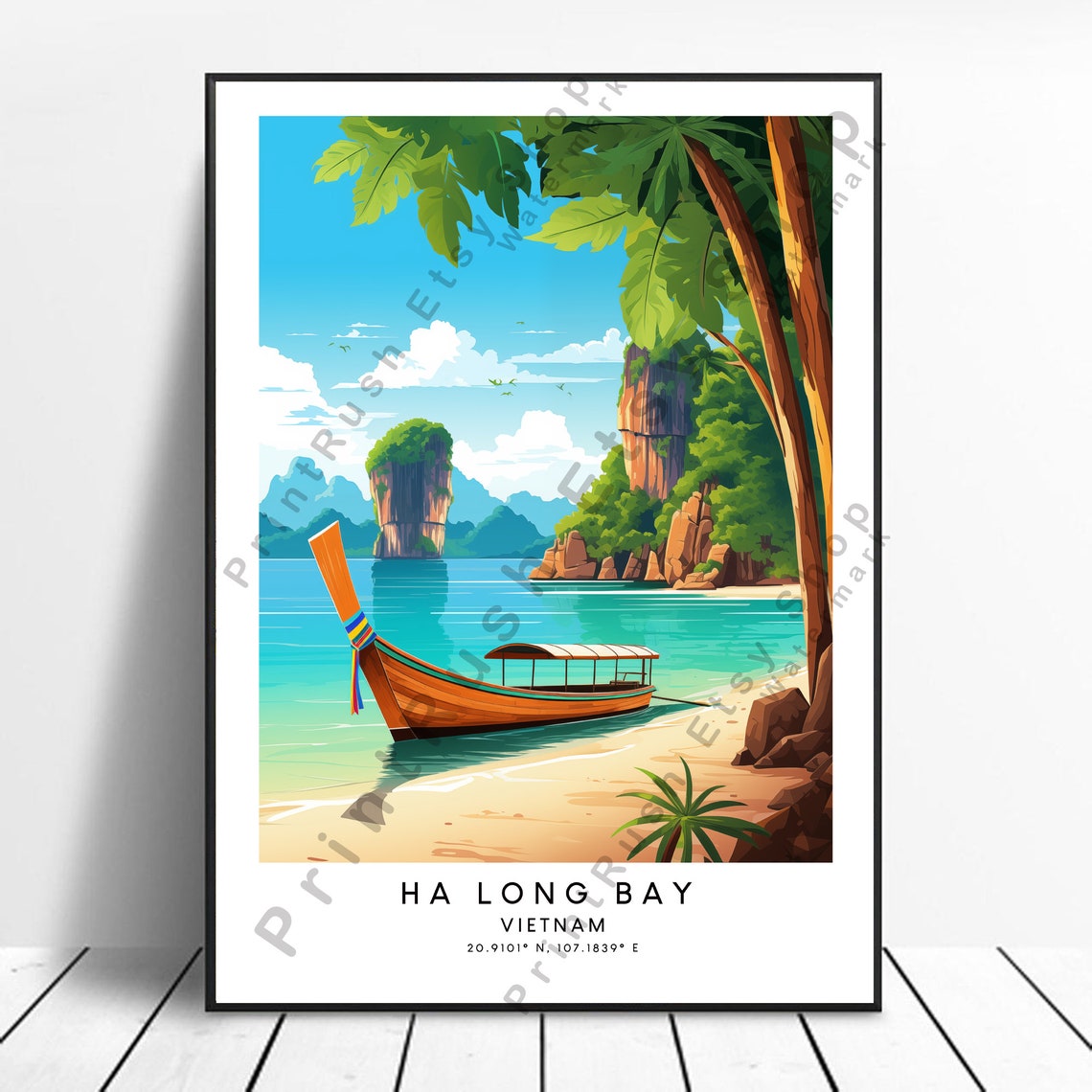 Ha Long Bay Vietnam Longtail Boat Karst Islands Travel Poster