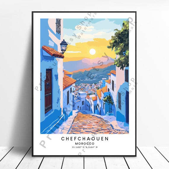 Chefchaouen Travel Print Poster Wallart Colourful Illustration Morocco Wall Hanging