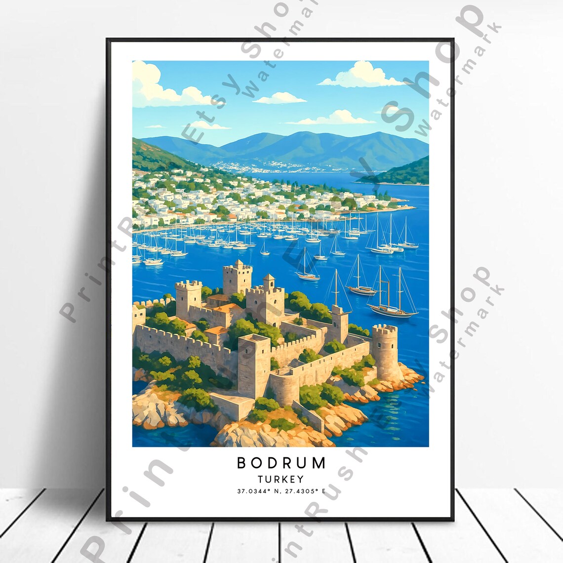 Bodrum Turkey Travel Poster, Turkish Riviera Illustration