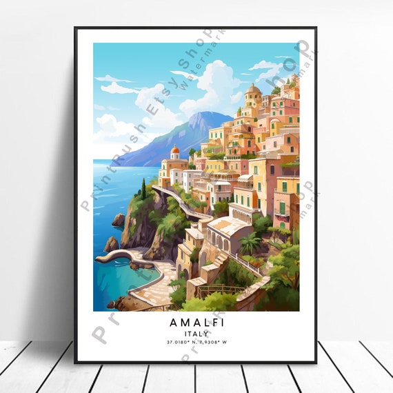 Amalfi Coast Travel Print Colourful Poster Minimalist Wall Art Italy Gift