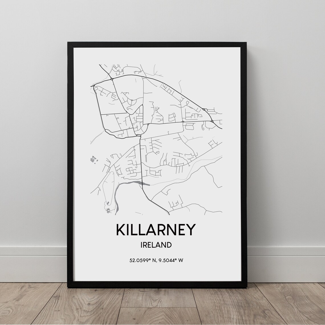 Killarney Map Print Black And White Town Poster Ireland Travel Minimalist Wall Art Gift
