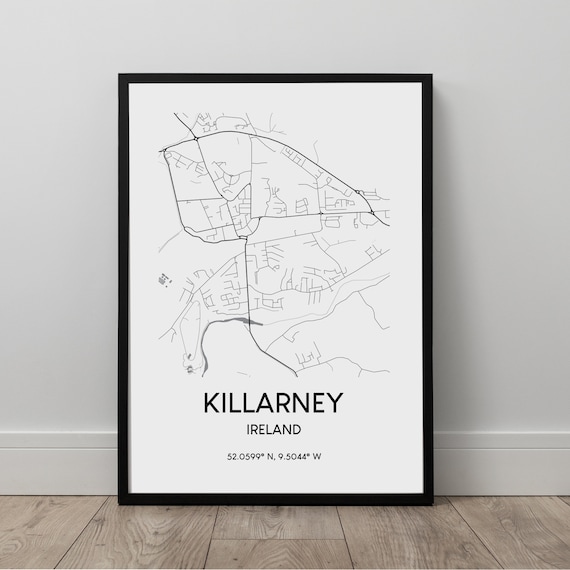 Killarney Map Print Black And White Town Poster Ireland Travel Minimalist Wall Art Gift