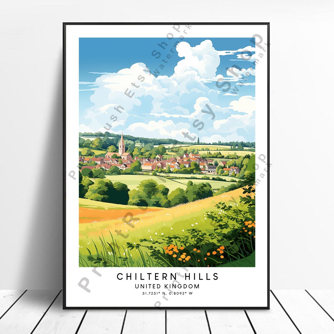 Chiltern Hills United Kingdom Village Church Rolling Travel Poster