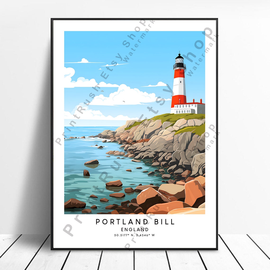 Portland Bill England Red And White Lighthouse Rocky Coast Poster