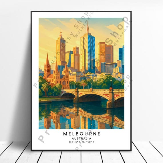 Melbourne Australia Artwork Print Travel Poster Illustration Art Wall Dcor Cityscape Hanging Skyline Urban Landscape Gift