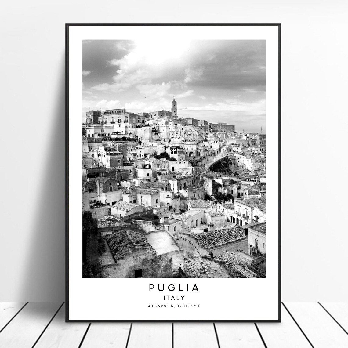Puglia Italy Minimalist Travel Poster, Black and White
