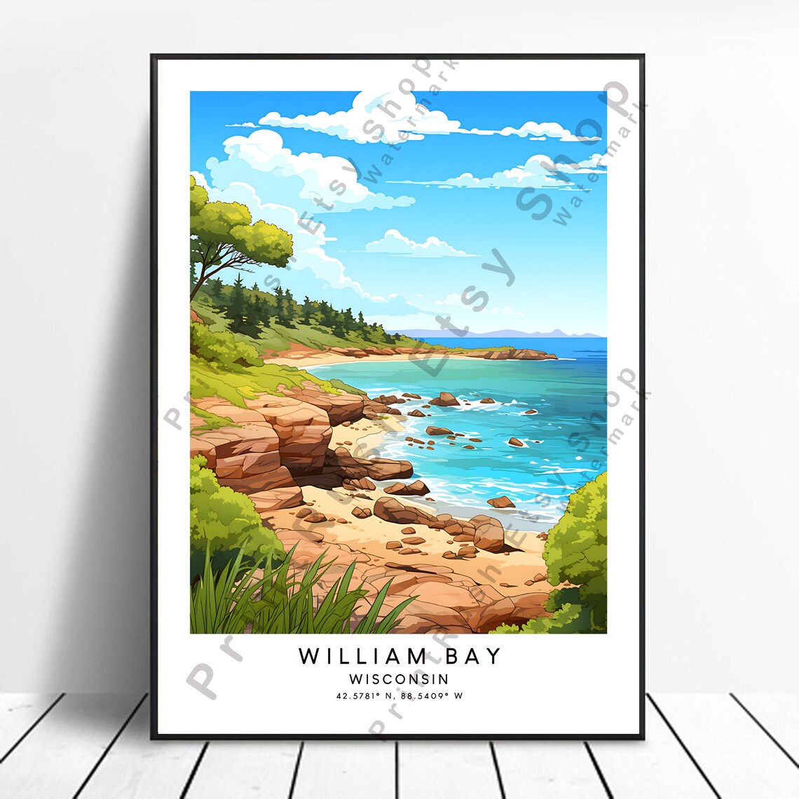 William Bay Wisconsin Rocky Lakeshore Colorful Travel Poster