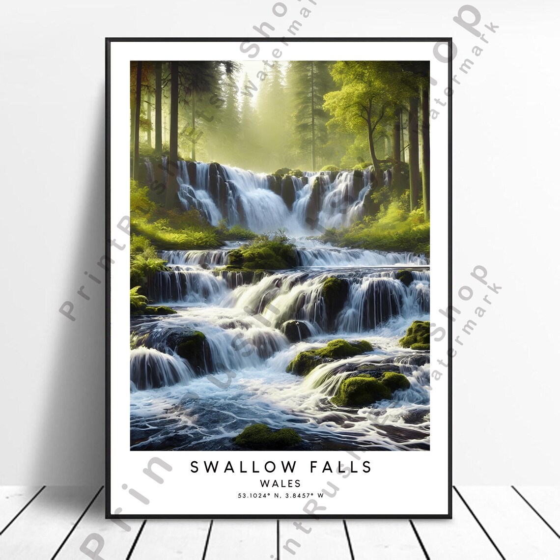 Swallow Falls Wales Travel Poster, Waterfall Illustration