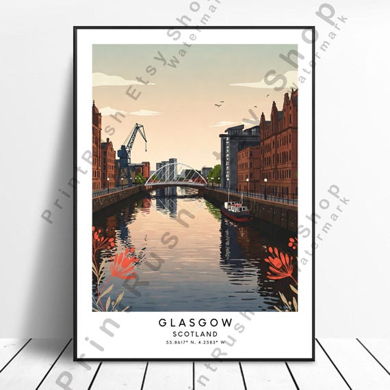 Glasgow Travel Poster Scotland Illustration Art Print Home Dcor Colourful Wall Hanging Gift