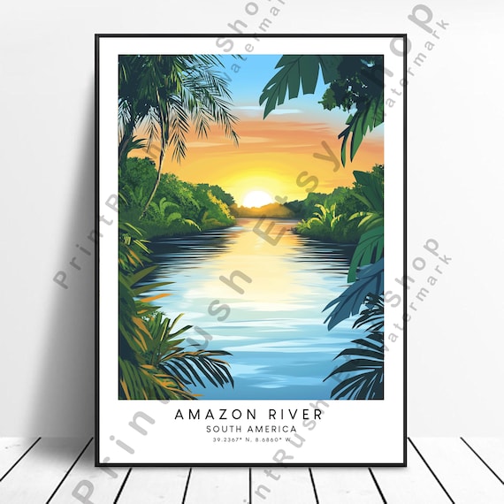 Amazon River South America Sunrise Jungle Riverbank Travel Art Poster