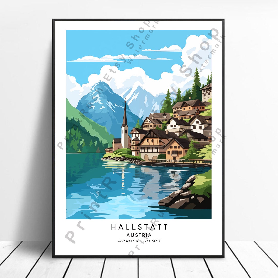 Hallstatt Austria Lakeside Village Travel Poster Alpine Lake Art