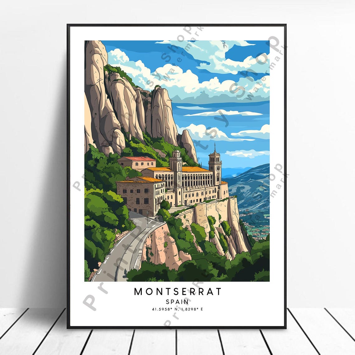 Montserrat Spain Monastery Mountain Abbey Scenic Travel Poster