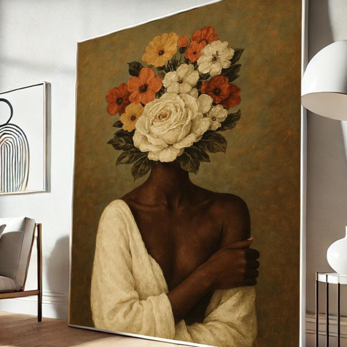 Surreal Floral Woman Portrait Vintage Style Flower Head Poster