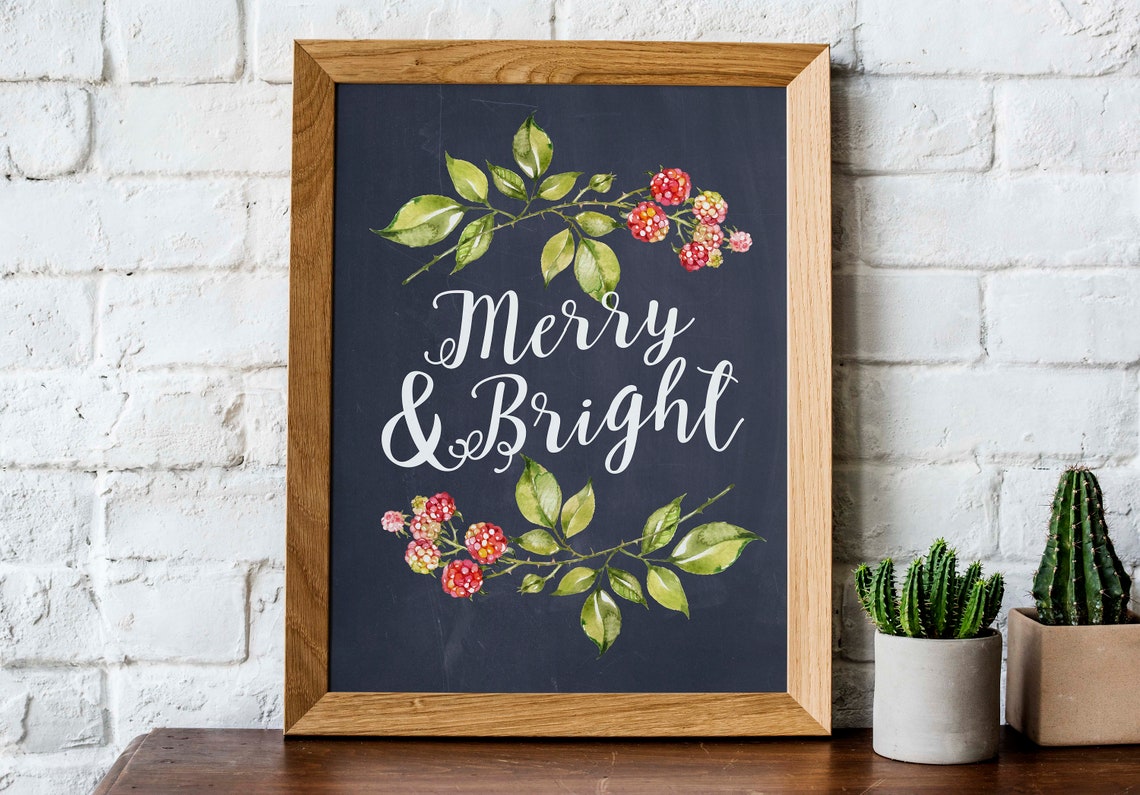 Merry And Bright Chalkboard Christmas Berry Botanical Holiday Poster - Image 3