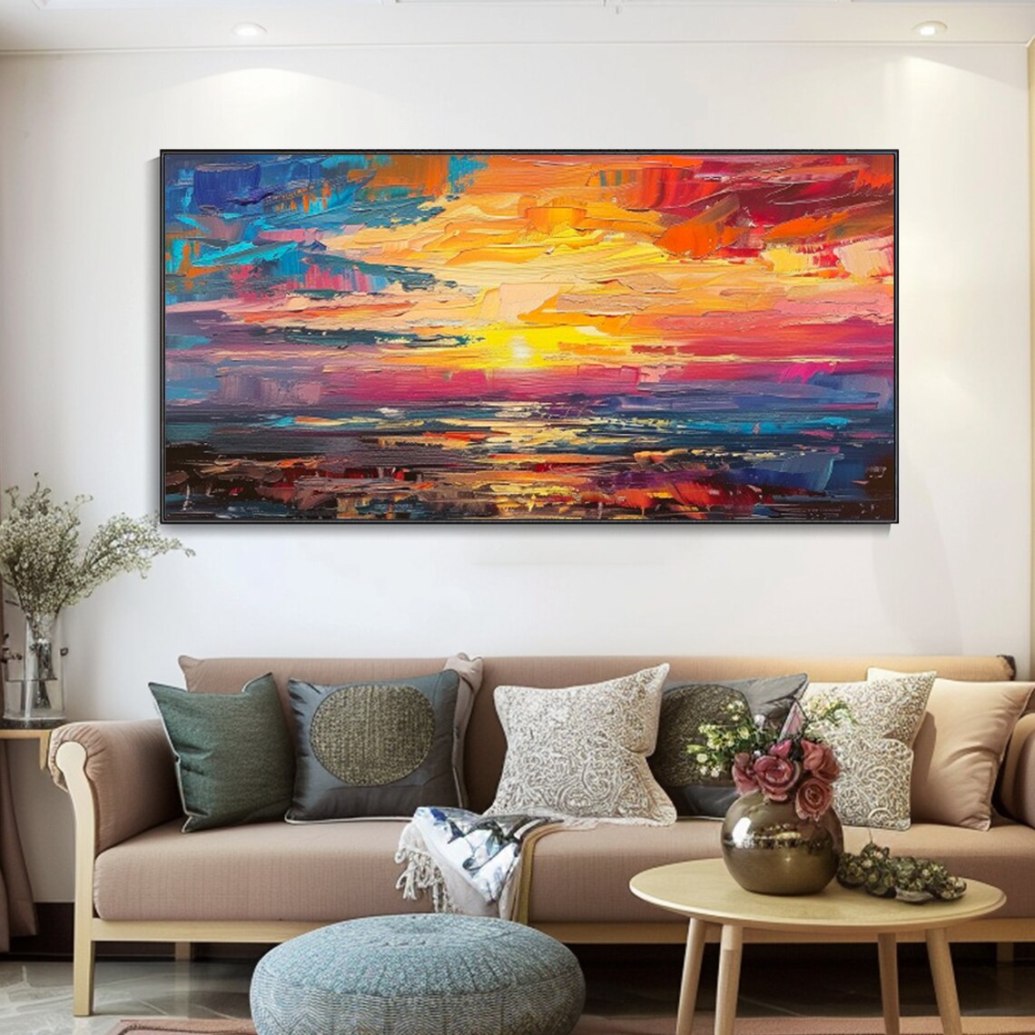 Fiery Sunset Over Ocean Waves Bold Colorful Impasto Seascape Wall Art - Image 4