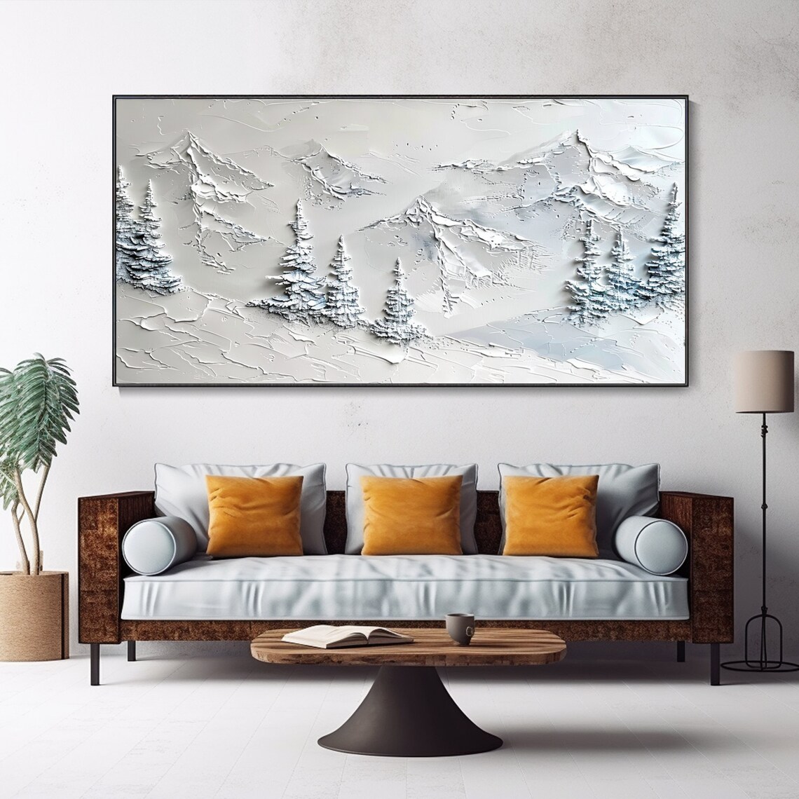 White Winter Mountain Snow Pines Minimalist Palette Knife Wall Art - Image 2