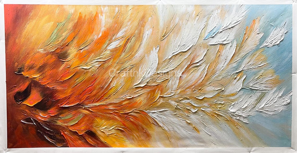 Warm Amber Abstract Feather Texture Thick Oil Painting Art Print - Image 5