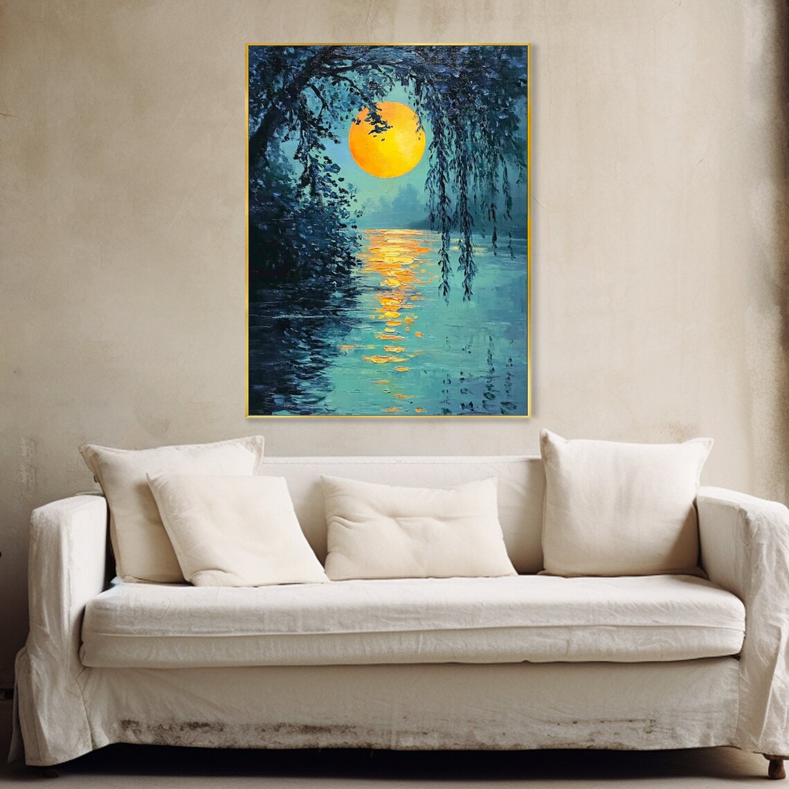 Moonlight Lakeside Reflection Nightscape Oil Painting Forest Moon Wall Art Tranquility Painting Original Landscape Artwork Wall Decor - Image 4