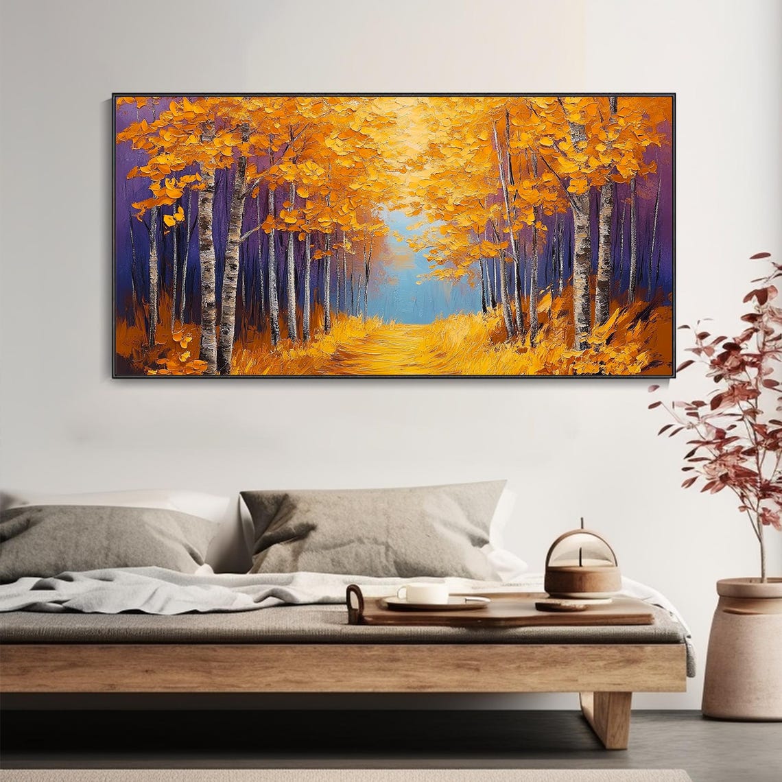 Golden Autumn Birch Forest Path Sunlit Fall Landscape Art Poster - Image 5