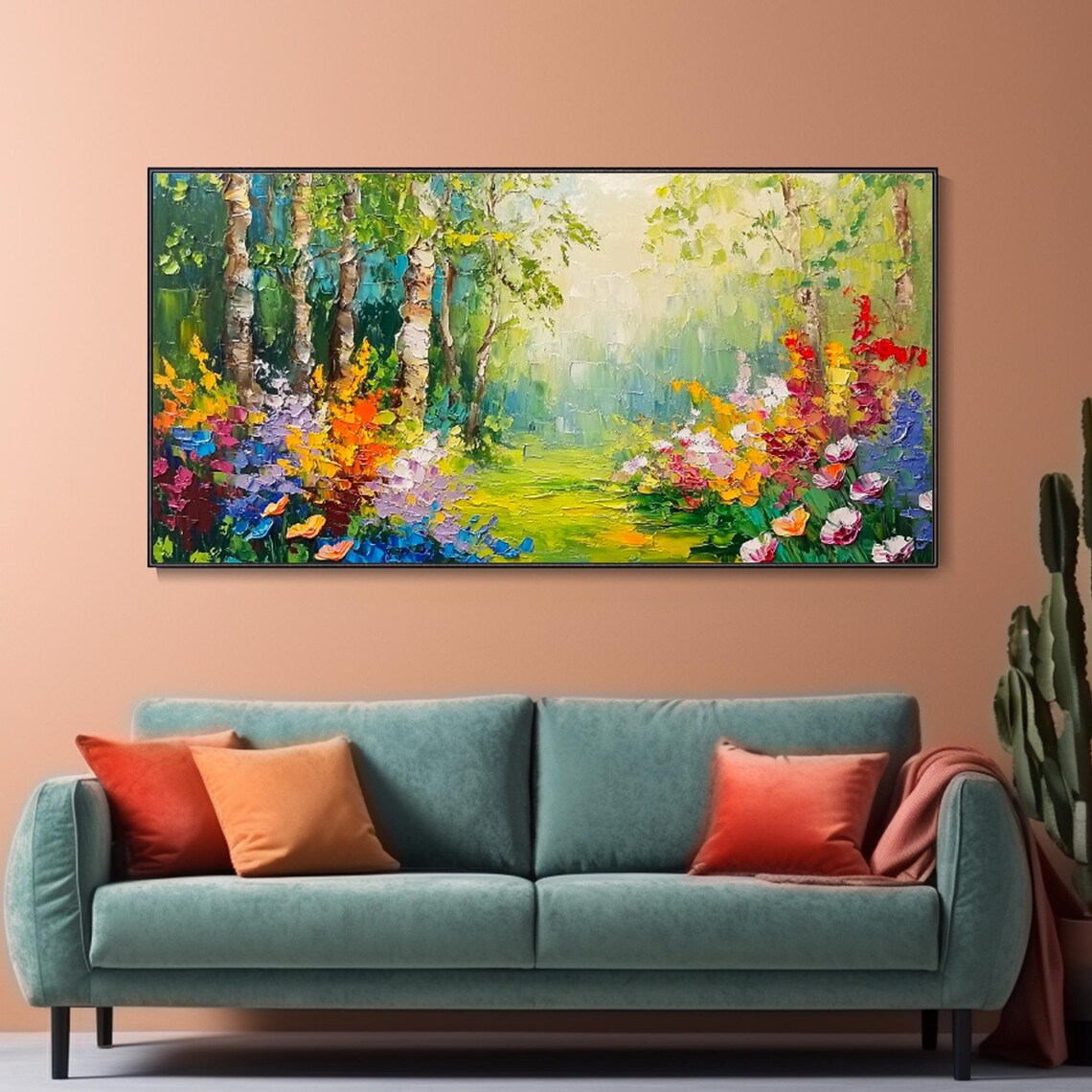 Birch Tree Garden Path Colorful Wildflowers Spring Nature Art Poster - Image 2