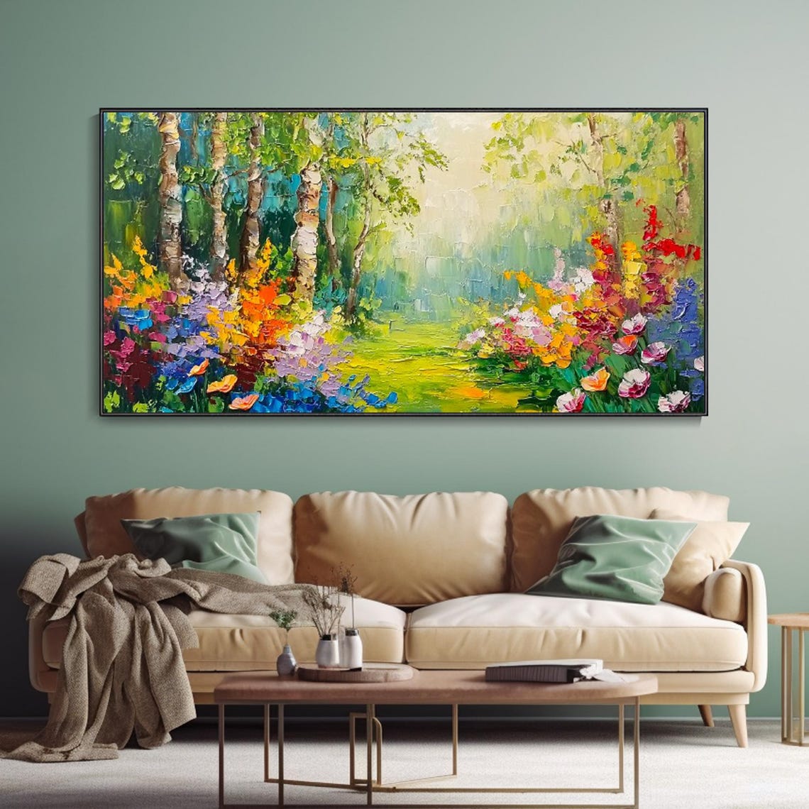 Birch Tree Garden Path Colorful Wildflowers Spring Nature Art Poster - Image 3