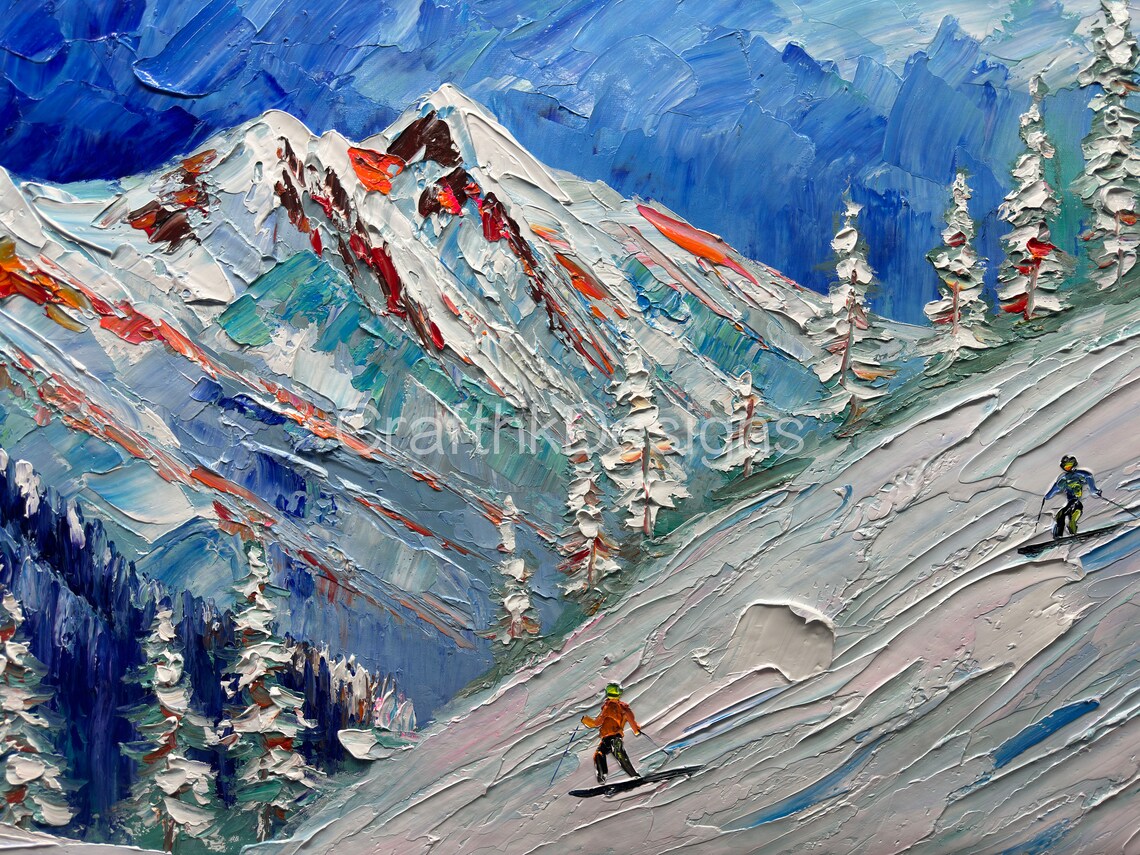 Snowy Mountain Skiing Oil Painting, Winter Landscape - Image 5