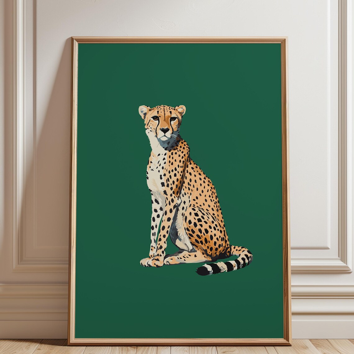 Elegant Sitting Cheetah On Emerald Green Safari Animal Poster