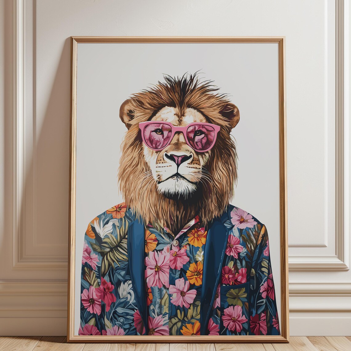 Playful Lion In Pink Sunglasses Wearing Floral Shirt Animal Poster