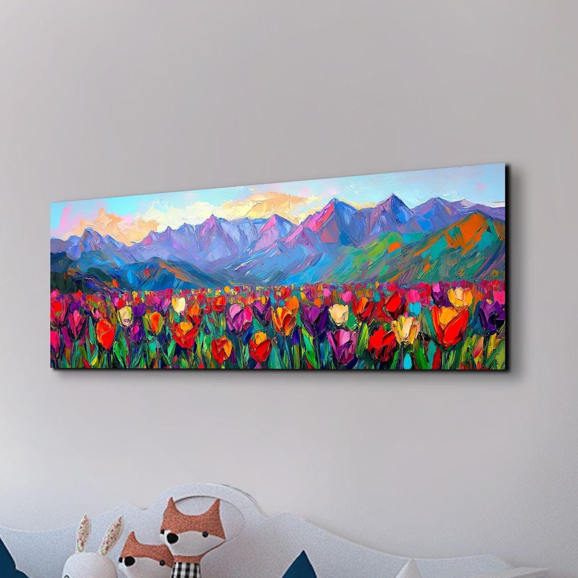 Colorful Tulip Field Mountain Sunset Panoramic Impasto Art Poster