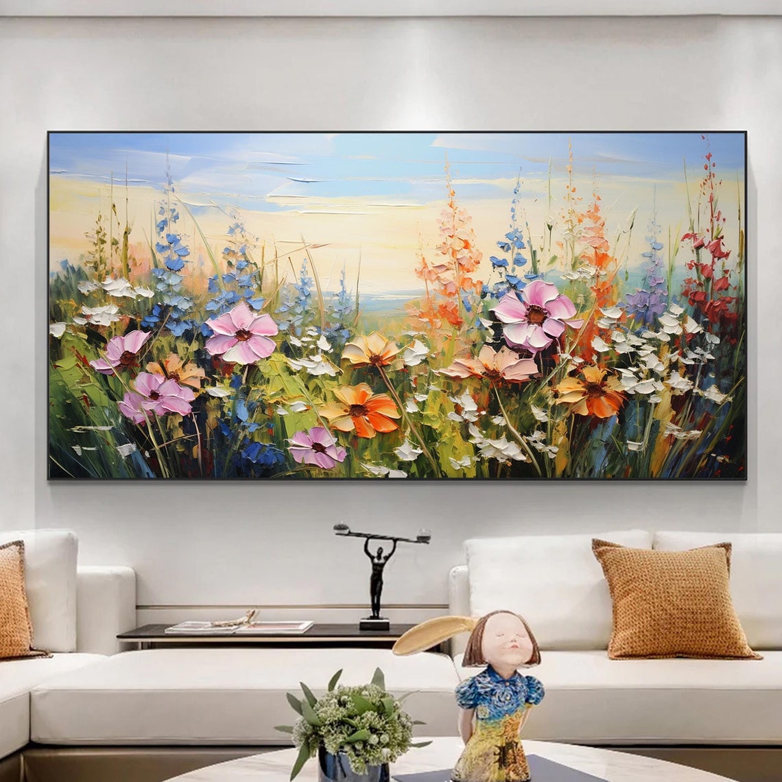 Pink Cosmos Orange Daisies Wildflower Meadow Blue Sky Painting Poster