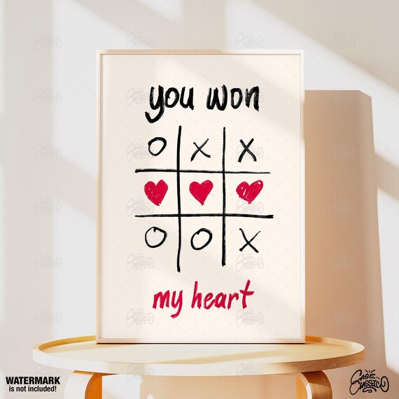 You Won My Heart Tic Tac Toe Love Quote Poster with Red Heart Game
