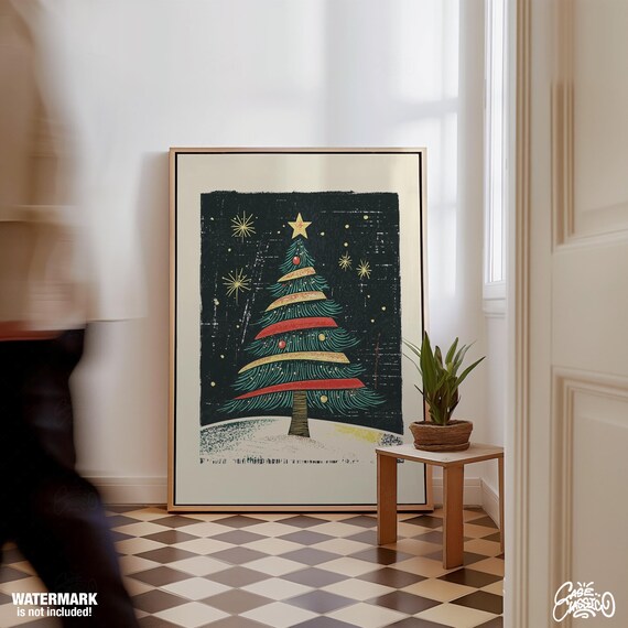Retro Christmas Tree Poster Red Gold Ribbons Vintage Holiday Wall Decor