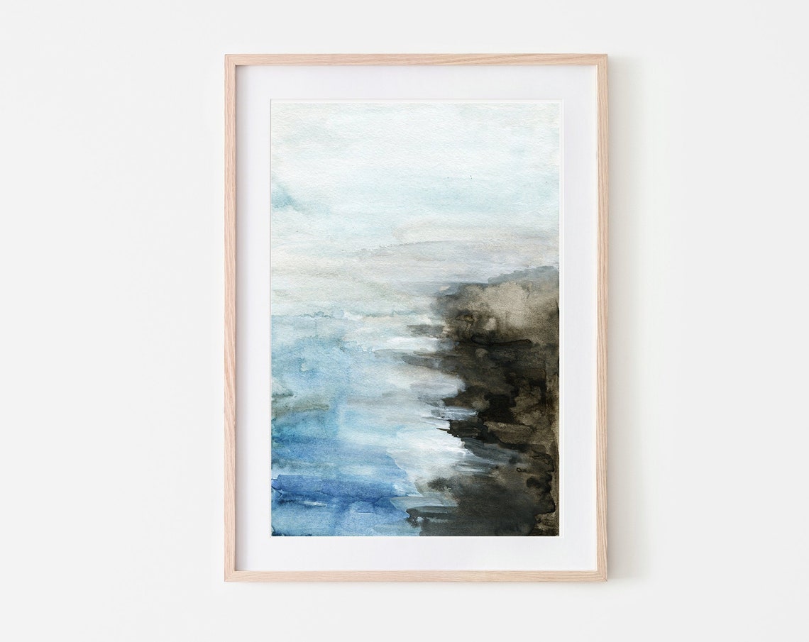 Moody Blue Gray Watercolor Poster Abstract Coastal Mist Dark Shore Art