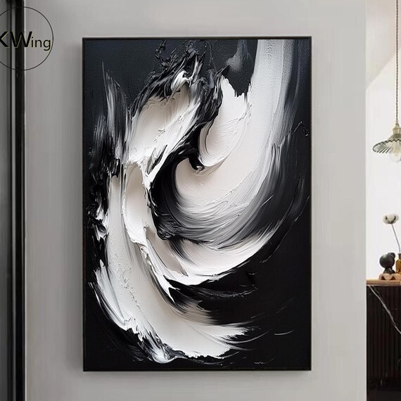 Large 3d Black White Abstract Painting Black And White Textured Wall Art Black White Minimalist Painting Black And White Art Decor