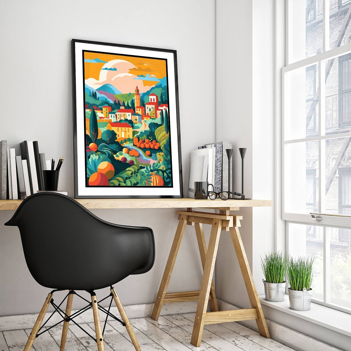 Sunny Hillside Village With Cypress Trees Colorful Illustration Poster - Image 3