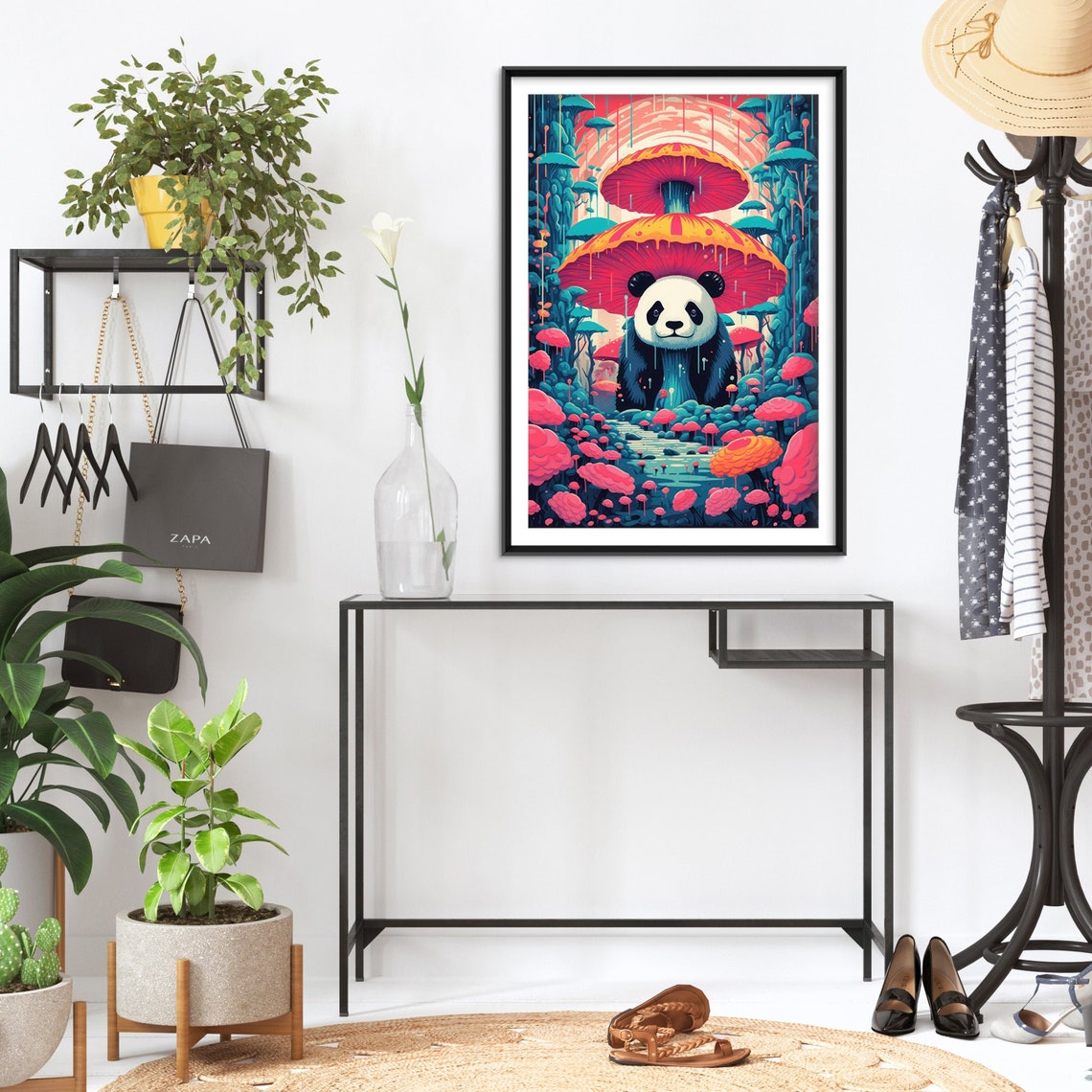 Psychedelic Panda in Pink Mushroom Forest Fantasy Art Poster - Image 2