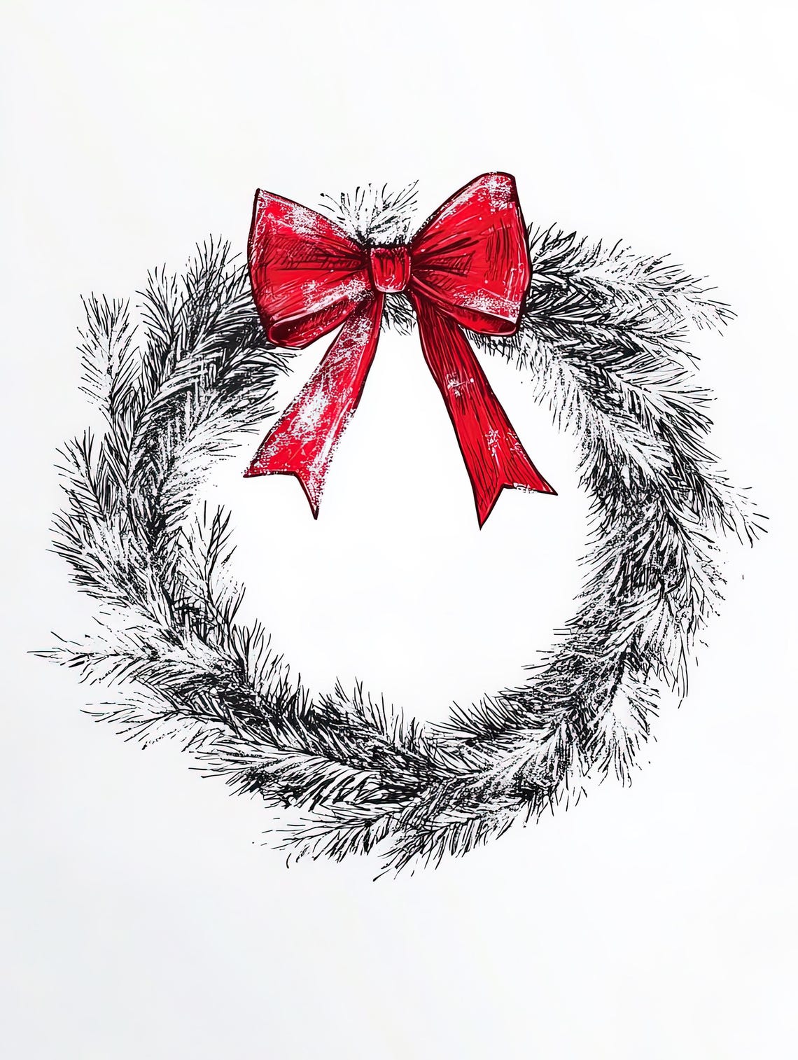 Monochrome Pine Wreath Sketch With Vivid Red Bow Holiday Art Poster - Image 3