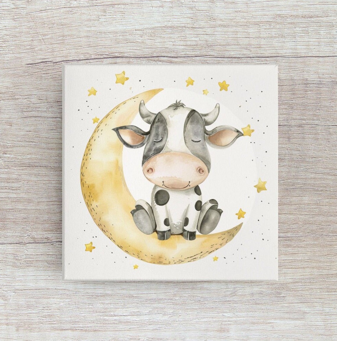 Cute Spotted Cow Sitting on Crescent Moon Watercolor Nursery Poster