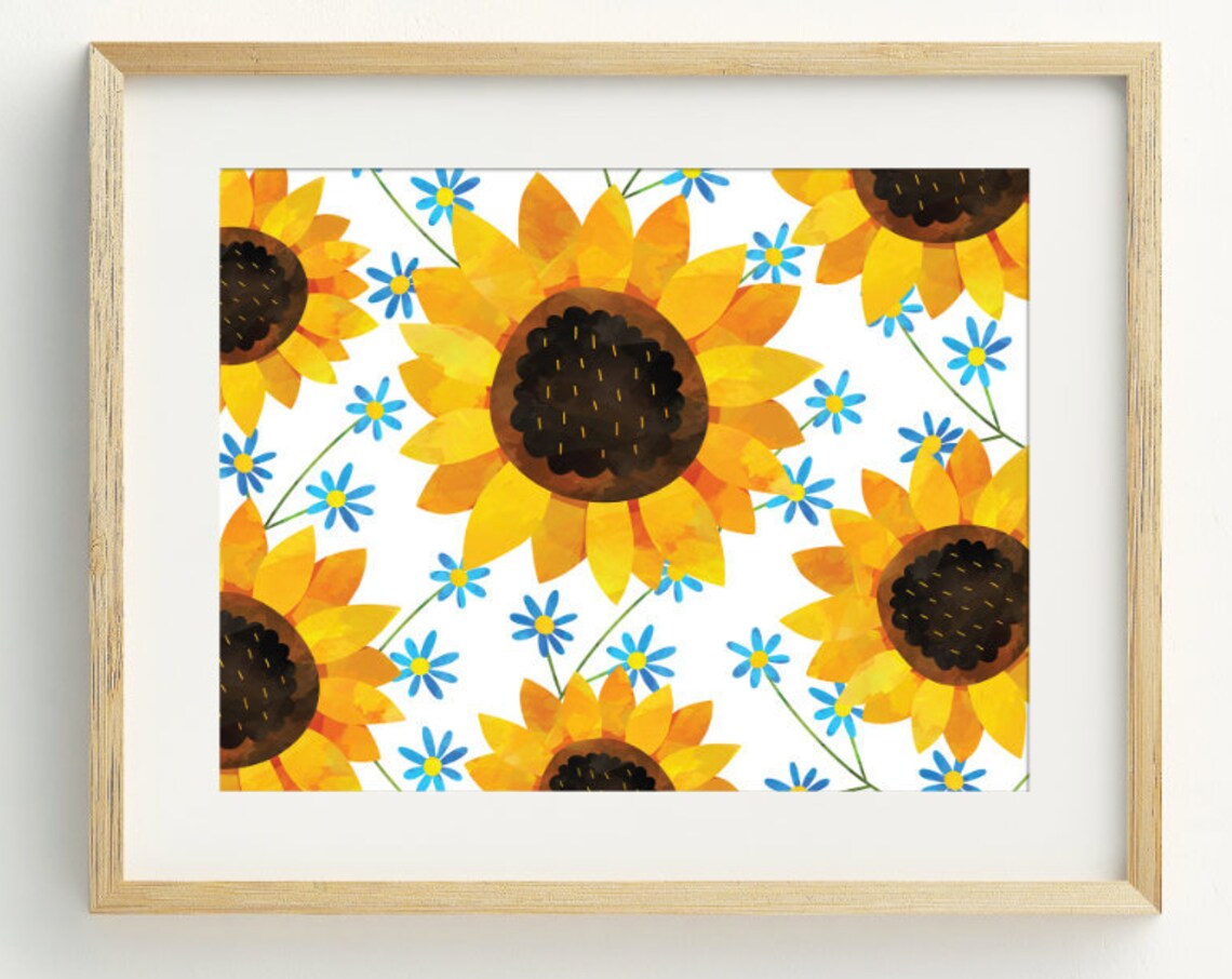 Yellow Sunflower Pattern With Blue Daisies Art Print Cheerful Floral Poster