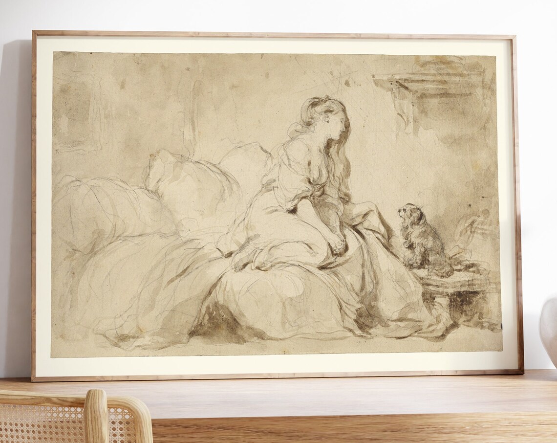 Antique Woman Portrait Sepia Sketch with Small Dog Neutral Vintage Poster