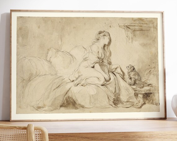 Antique Woman Portrait Sepia Sketch with Small Dog Neutral Vintage Poster