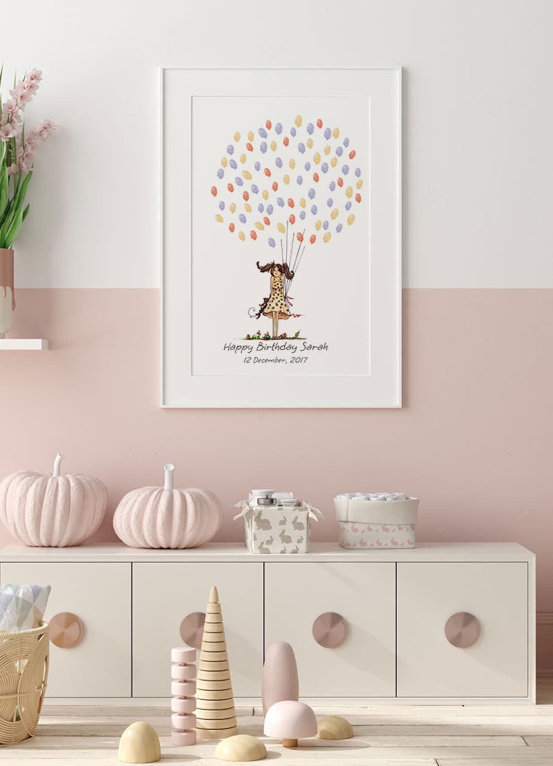 Baby Girl Guest Book, Birthday Fingerprint Balloon Art Print - Image 2