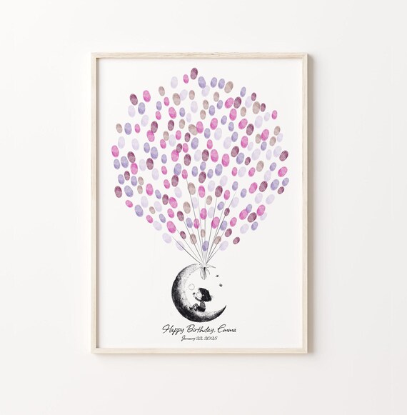 Moon Girl Blowing Bubble Balloon Birthday Guest Book Keepsake Poster