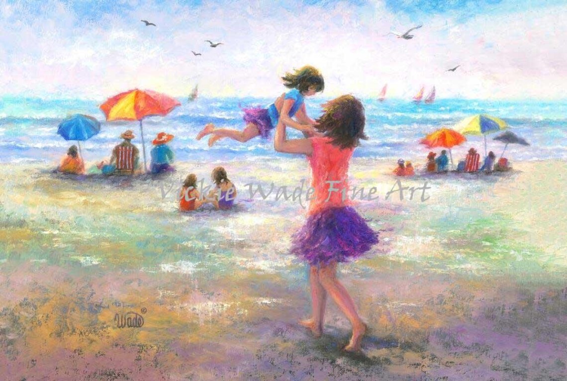 Mother Lifting Her Happy Daughter High on a Sunny Beach Poster